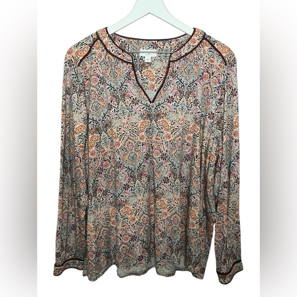 J. Jill Boho Velvet Piped Trim Long Sleeve Blouse Floral Tapestry Mature 2X - Picture 1 of 6